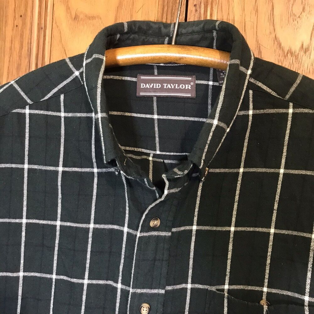 David Taylor Green Plaid Cotton Shirt Men's size XL Long Sleeve Button Down Top